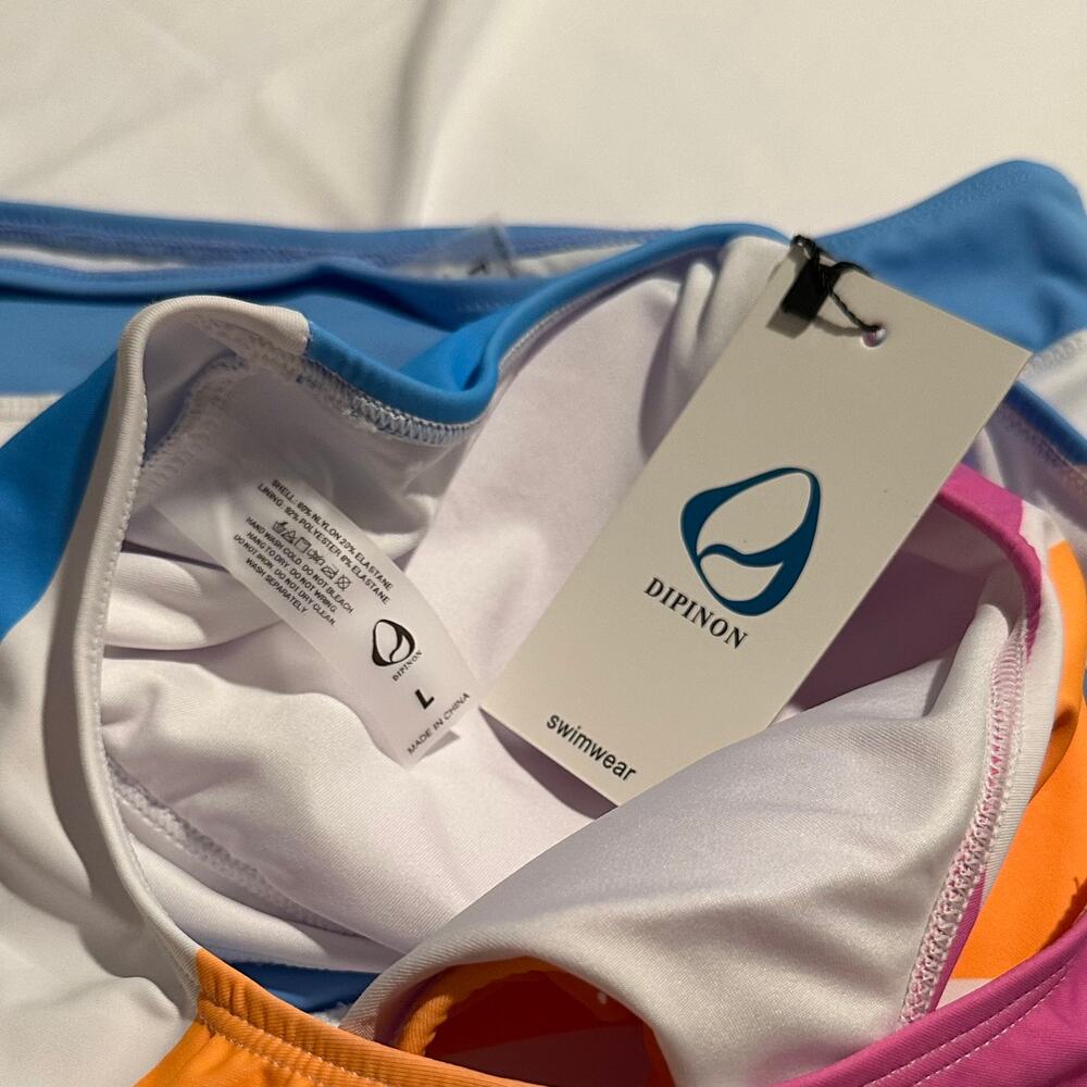 Dipinon Women Pink Blue Colorblock Sporty Bikini Set High Waist Swim Size L NWT - Picture 6 of 8
